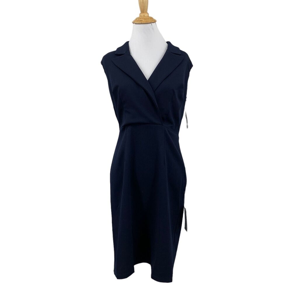 Donna Morgan Dress Womens 2 Navy Lapel Shawl Shoulder Pads Cap Sleeve Sheath